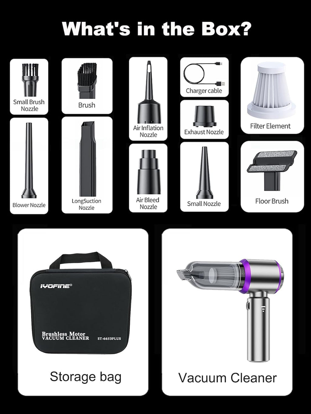 IYOFINE 4-in-1 Cordless Handheld Vacuum & Air Duster — 80,000 RPM Brushless Motor, 21,000PA Suction, Vacuum + Blow + Inflate + Deflate, 40-Min Battery, Includes Storage Case (Purple)