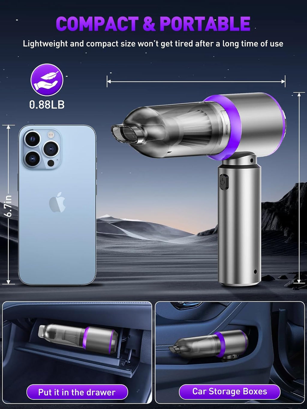 IYOFINE 4-in-1 Cordless Handheld Vacuum & Air Duster — 80,000 RPM Brushless Motor, 21,000PA Suction, Vacuum + Blow + Inflate + Deflate, 40-Min Battery, Includes Storage Case (Purple)