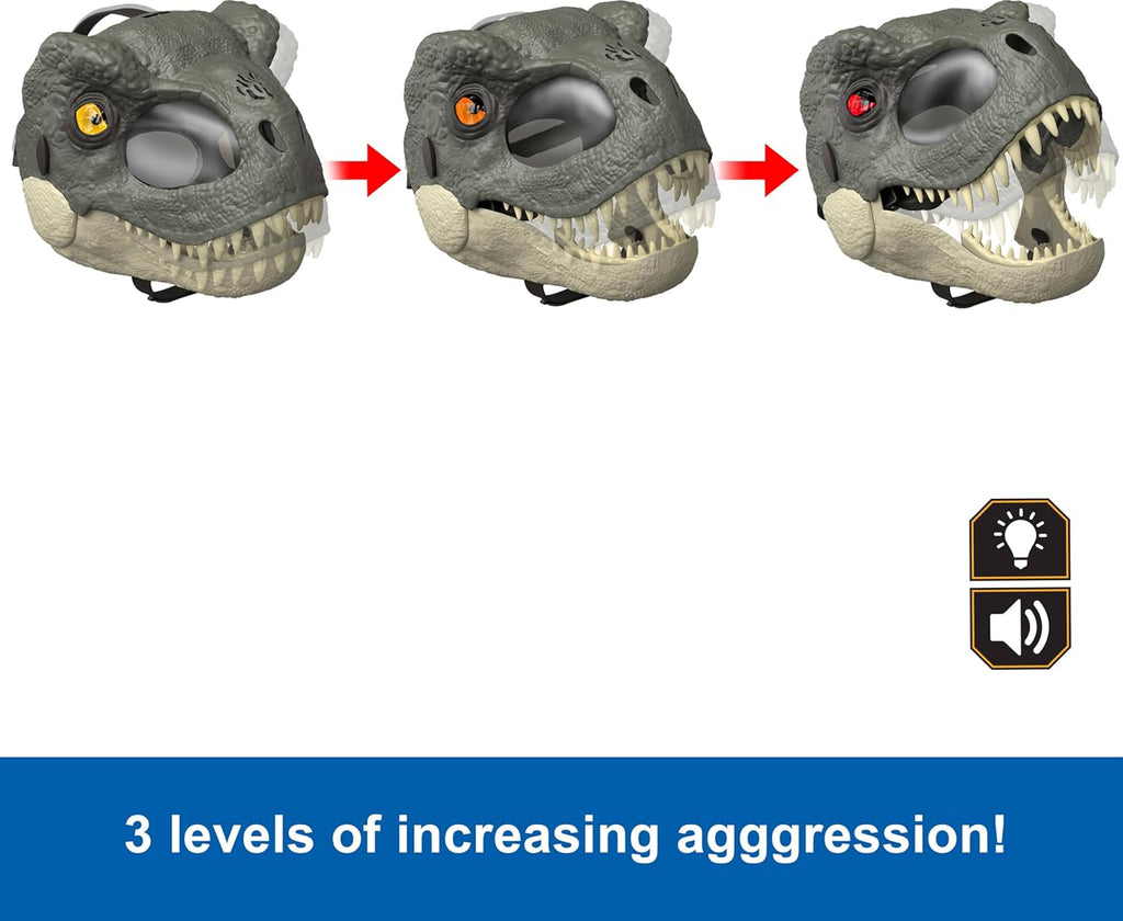 Jurassic World Rebirth T-Rex Rage 'N Roar Mask — LED Light-Up Eyes, 3-Level Roar & Scare Mode, Official Dinosaur Costume for Kids
