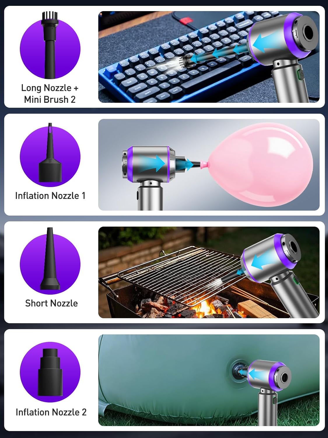 IYOFINE 4-in-1 Cordless Handheld Vacuum & Air Duster — 80,000 RPM Brushless Motor, 21,000PA Suction, Vacuum + Blow + Inflate + Deflate, 40-Min Battery, Includes Storage Case (Purple)