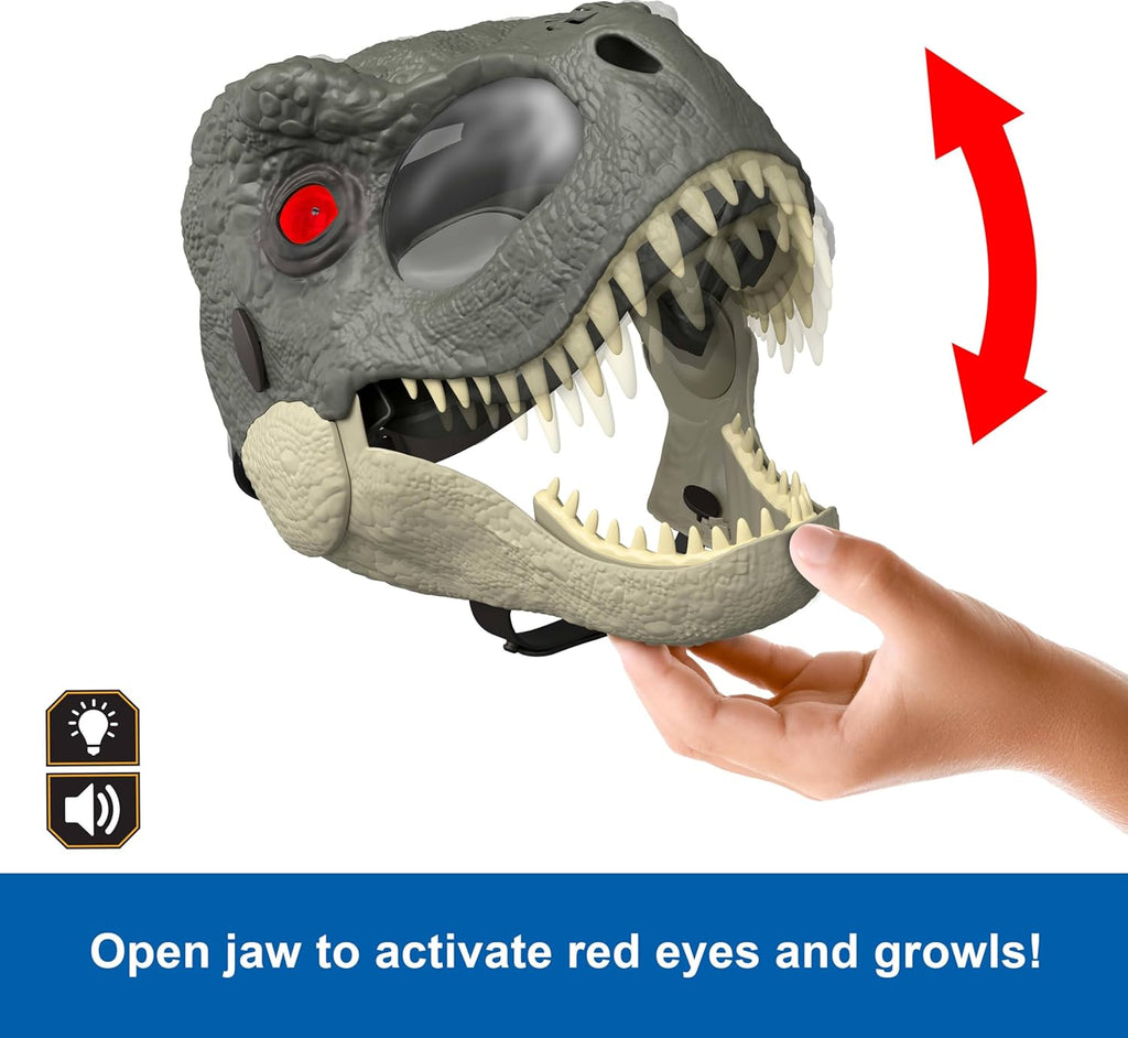 Jurassic World Rebirth T-Rex Rage 'N Roar Mask — LED Light-Up Eyes, 3-Level Roar & Scare Mode, Official Dinosaur Costume for Kids