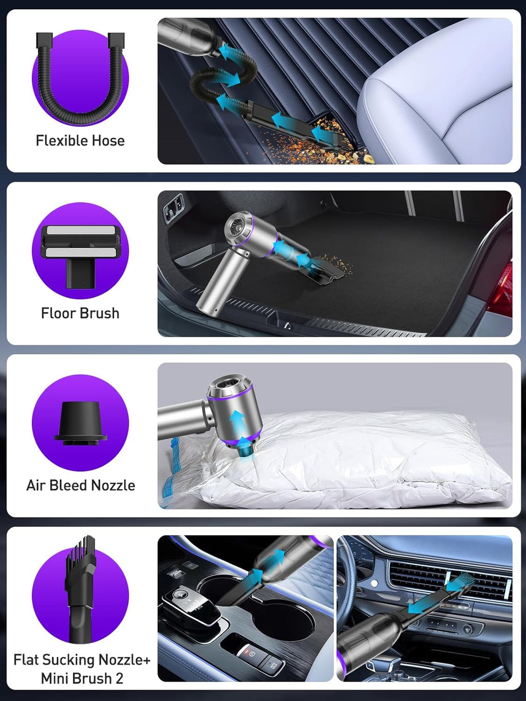 IYOFINE 4-in-1 Cordless Handheld Vacuum & Air Duster — 80,000 RPM Brushless Motor, 21,000PA Suction, Vacuum + Blow + Inflate + Deflate, 40-Min Battery, Includes Storage Case (Purple)