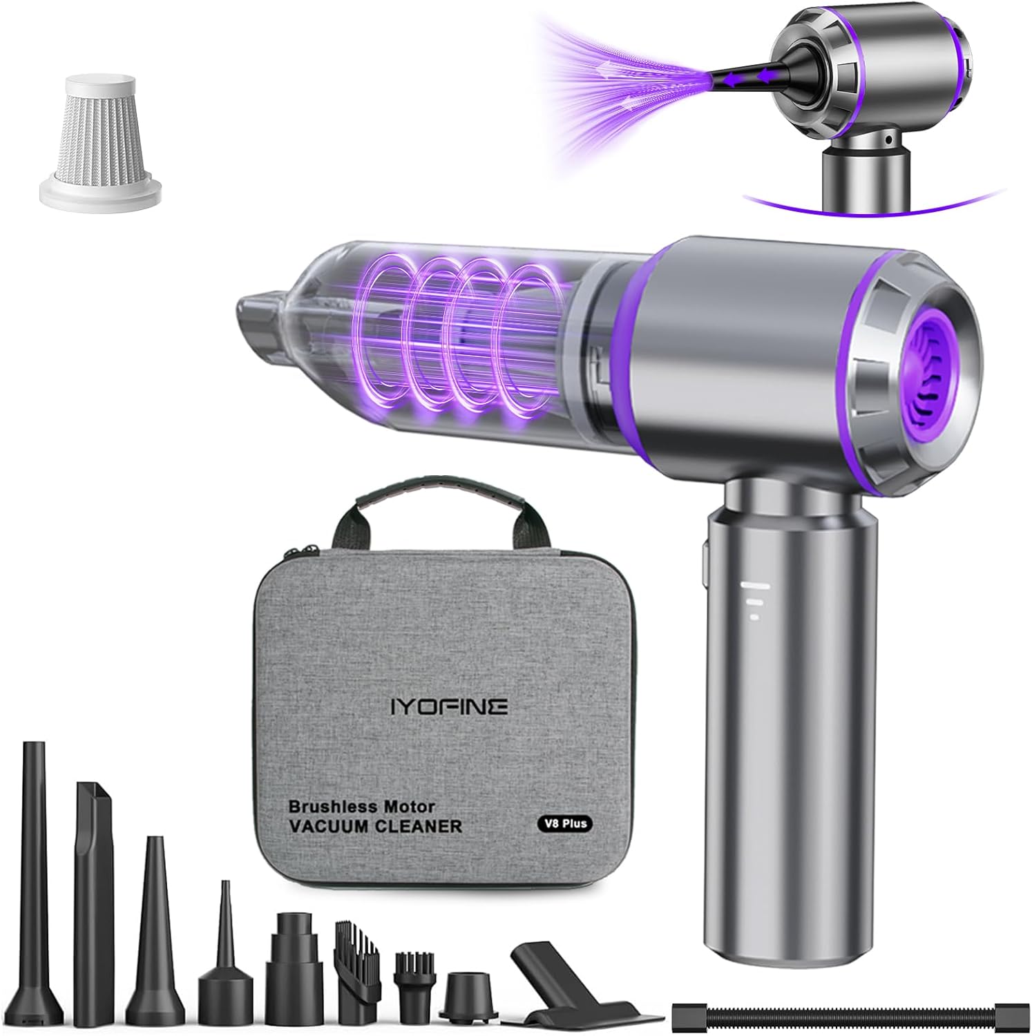 IYOFINE 4-in-1 Cordless Handheld Vacuum & Air Duster — 80,000 RPM Brushless Motor, 21,000PA Suction, Vacuum + Blow + Inflate + Deflate, 40-Min Battery, Includes Storage Case (Purple)