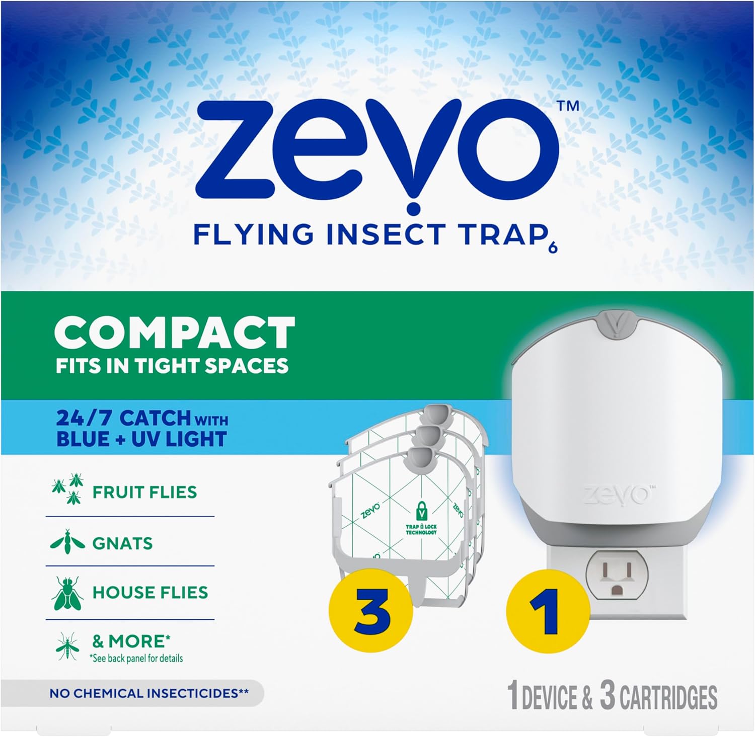 Zevo Compact Flying Insect Trap Refill Cartridges – Compatible with Zevo Compact & Plant Traps | Captures Fruit Flies, Gnats & House Flies | 2 Refill Pack