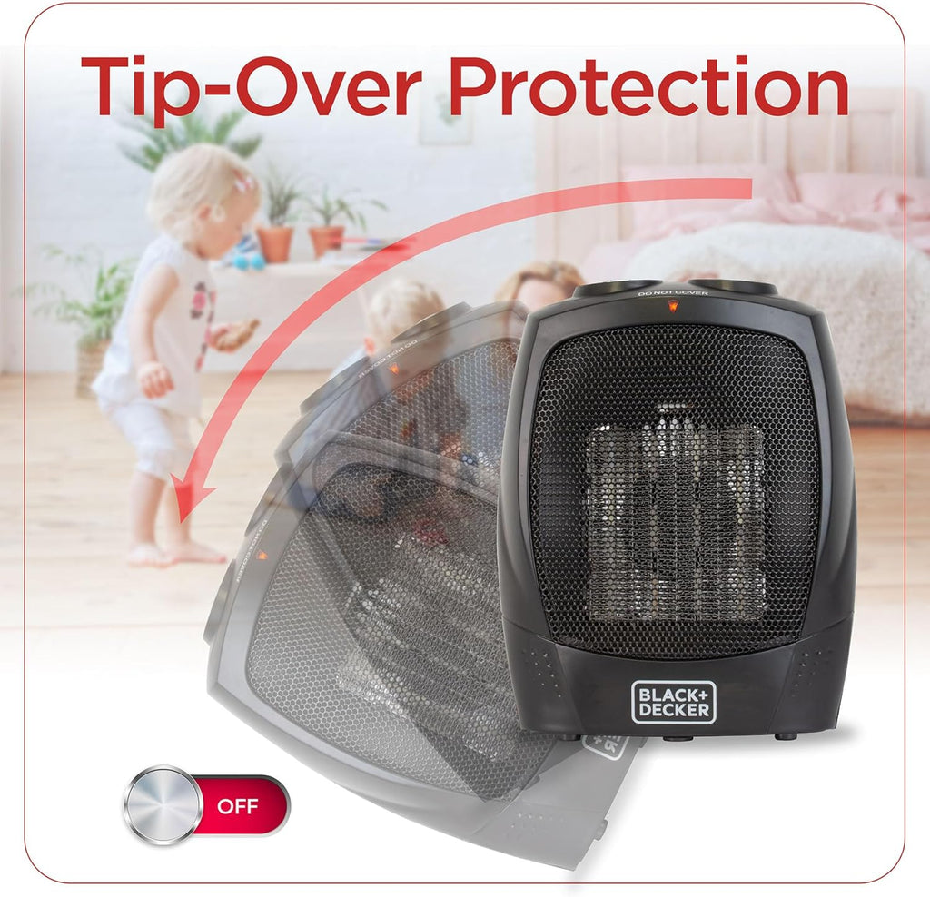 BLACK+DECKER Personal Ceramic Space Heater – 1500W Desktop Heater with Thermostat, 3 Heat Settings & Safety Shutoff, Black