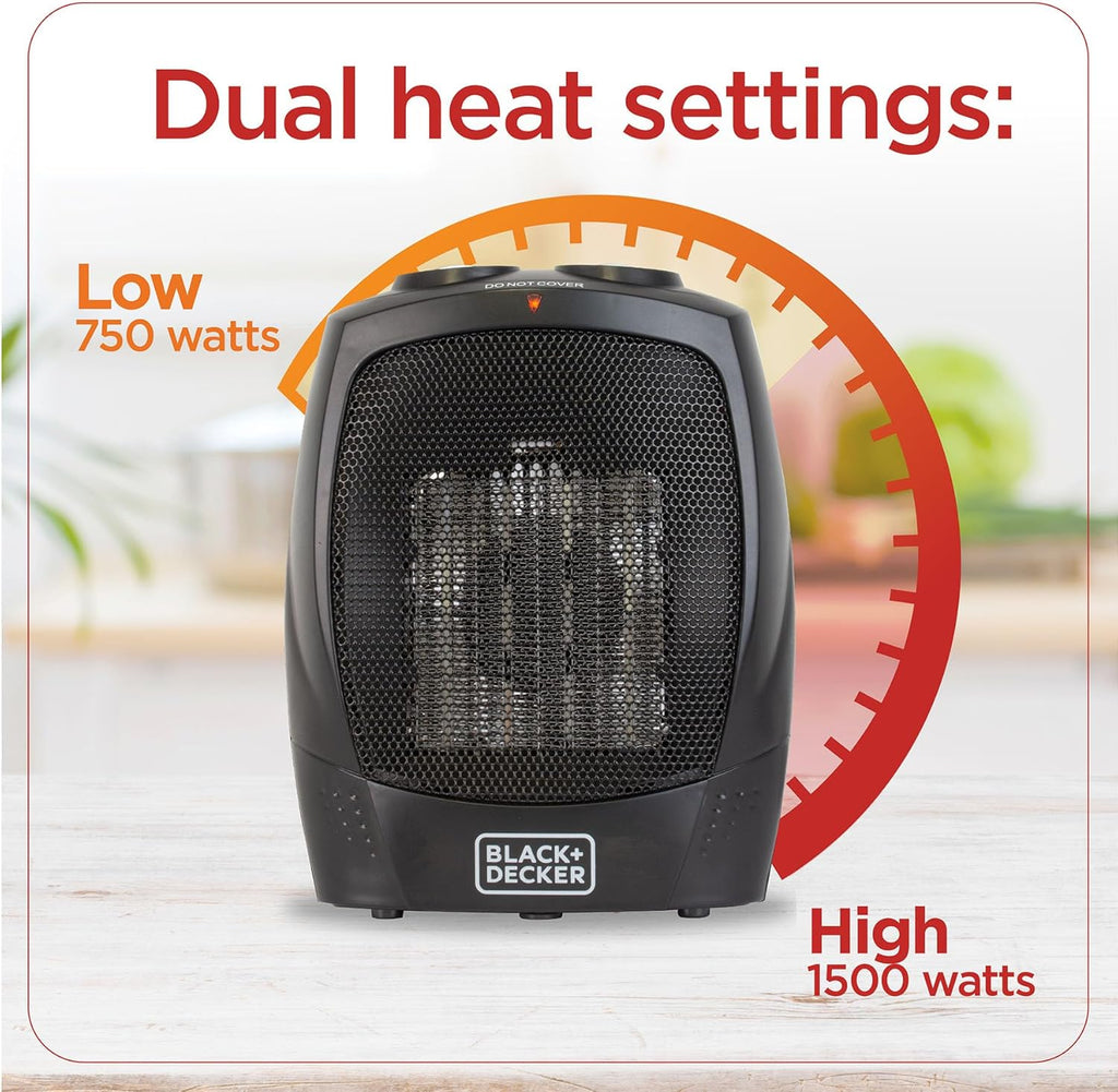 BLACK+DECKER Personal Ceramic Space Heater – 1500W Desktop Heater with Thermostat, 3 Heat Settings & Safety Shutoff, Black