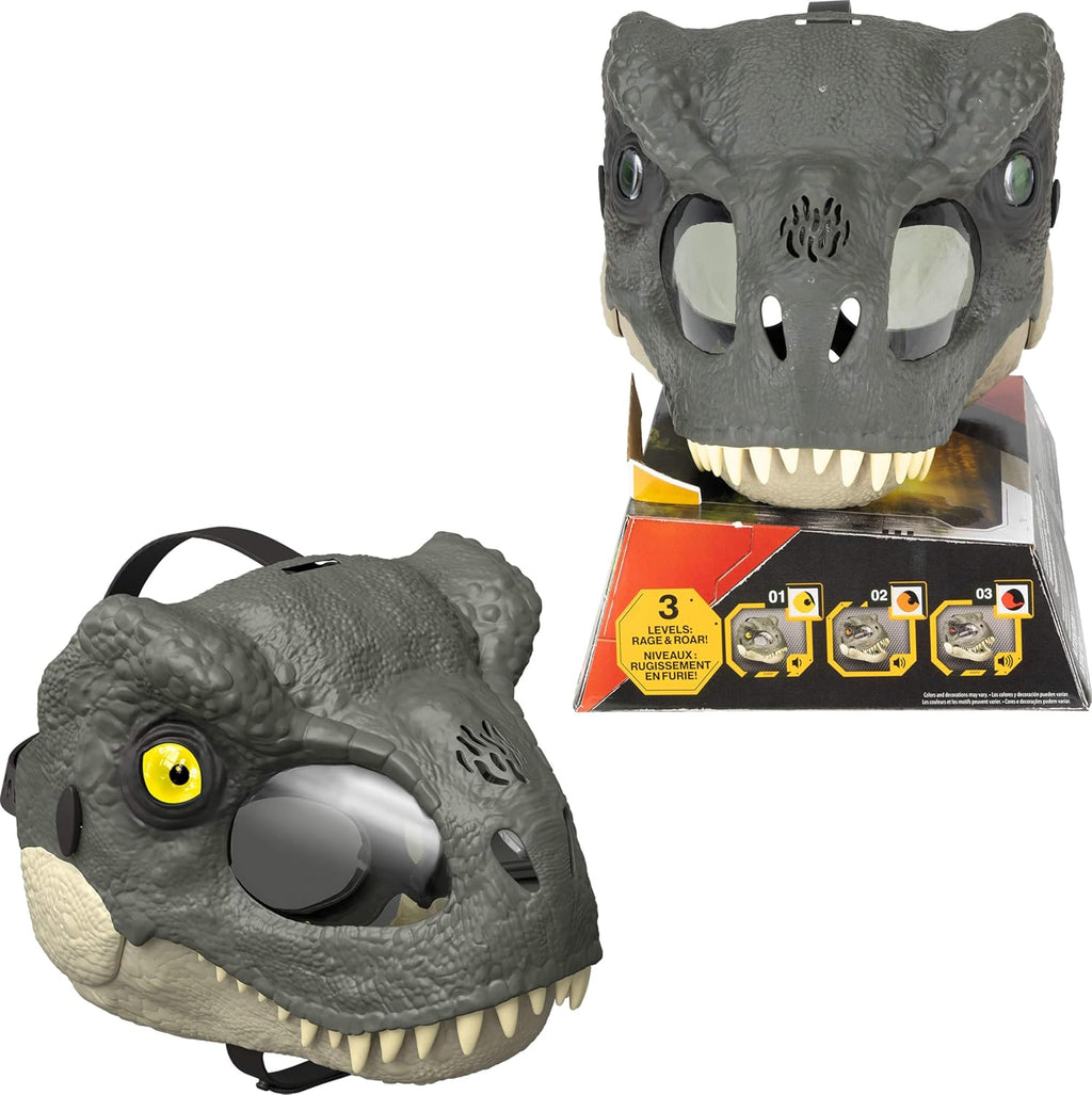 Jurassic World Rebirth T-Rex Rage 'N Roar Mask — LED Light-Up Eyes, 3-Level Roar & Scare Mode, Official Dinosaur Costume for Kids